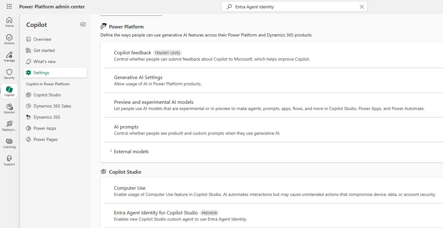 Power Platform Admin Centre showing the Entra Agent Identity for Copilot Studio preview setting under Copilot > Settings
