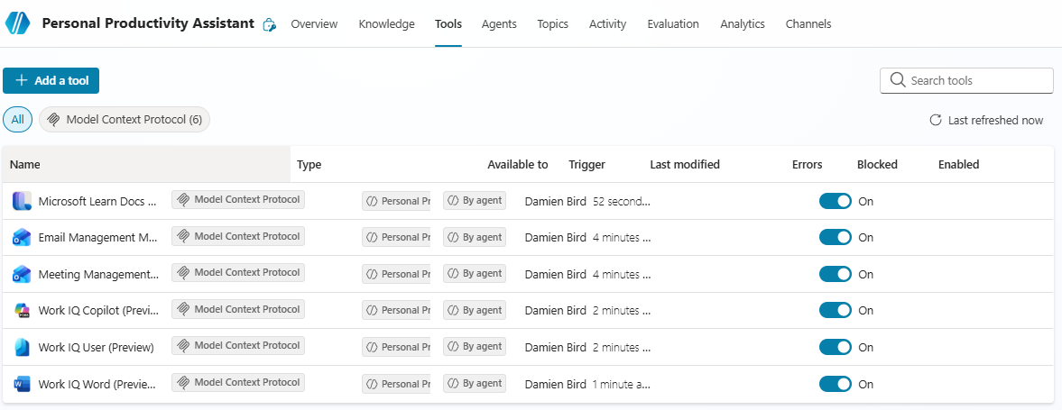 Copilot Studio Tools tab showing all six MCP tools added to the agent, all enabled and set to trigger by agent