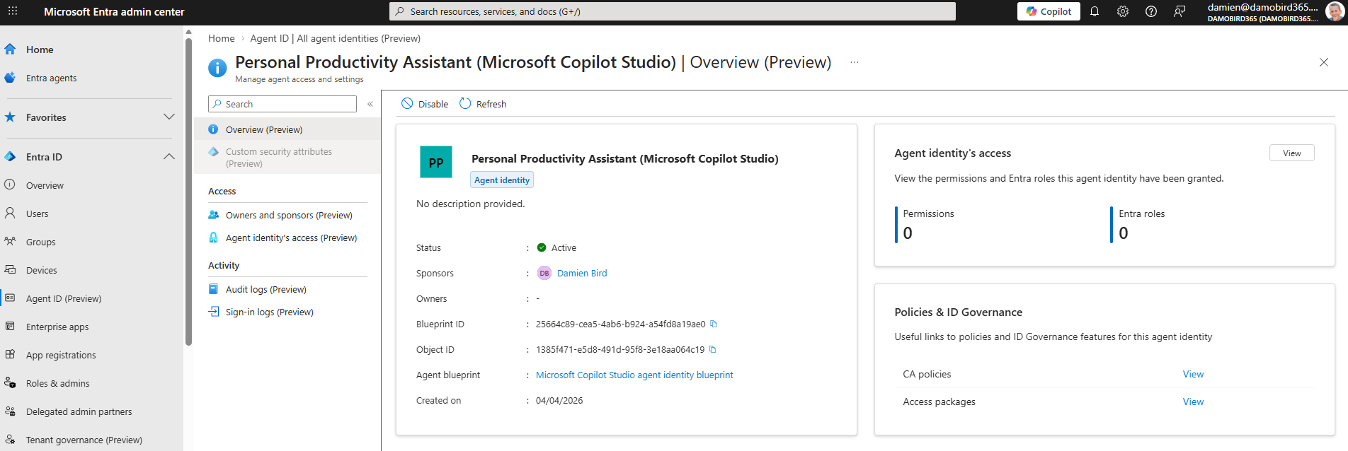 Microsoft Entra admin centre showing the automatically created agent identity for the Personal Productivity Assistant with status Active, sponsor Damien Bird, and the Microsoft Copilot Studio agent identity blueprint
