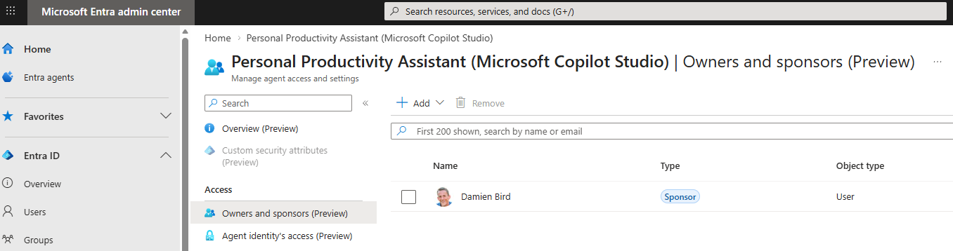 Entra admin centre Owners and sponsors page showing Damien Bird listed as Sponsor of the agent identity