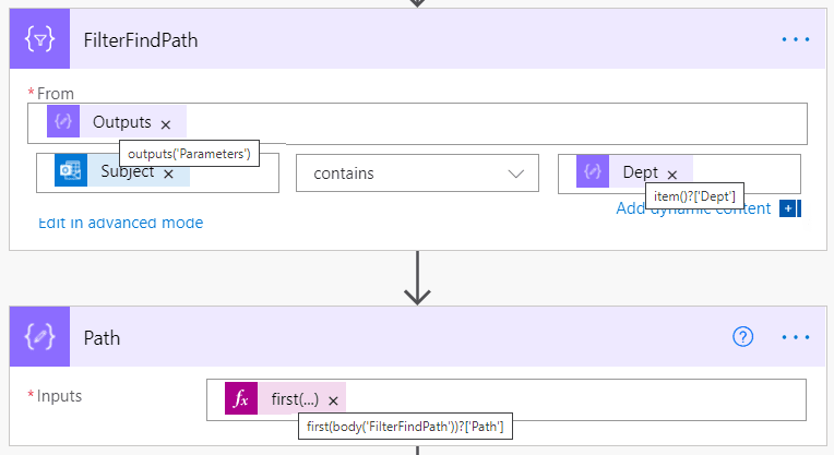 Filter Array action to discover the path based on the subject and return the first array element path.