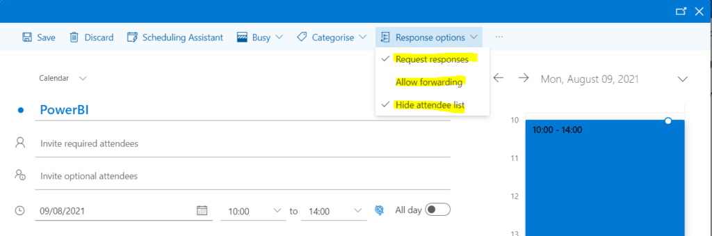 Configuring an event in Outlook