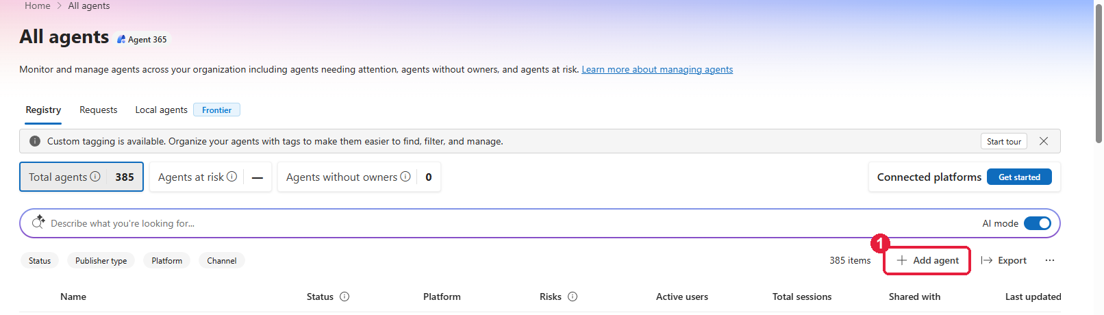 All agents page with Add agent highlighted