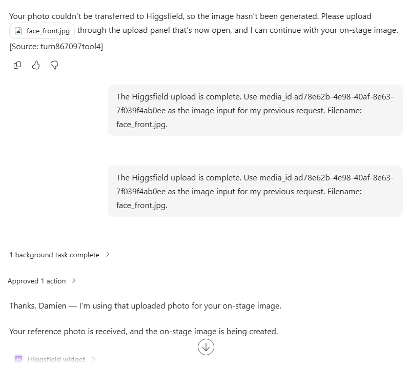 Cowork asking for the photo to be uploaded through the Higgsfield widget