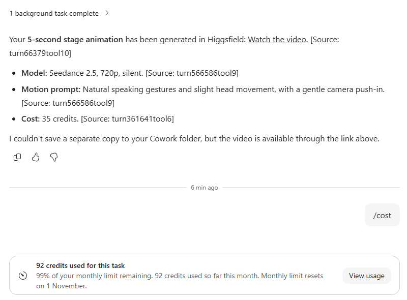 Cowork summarising the finished video