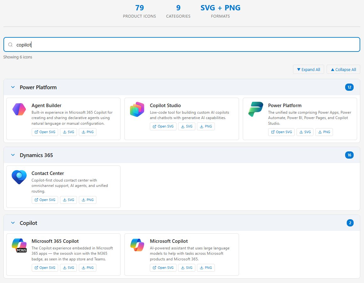 The Microsoft Cloud Icons viewer — search for &ldquo;copilot&rdquo; instantly filters across all categories with download buttons for SVG and PNG