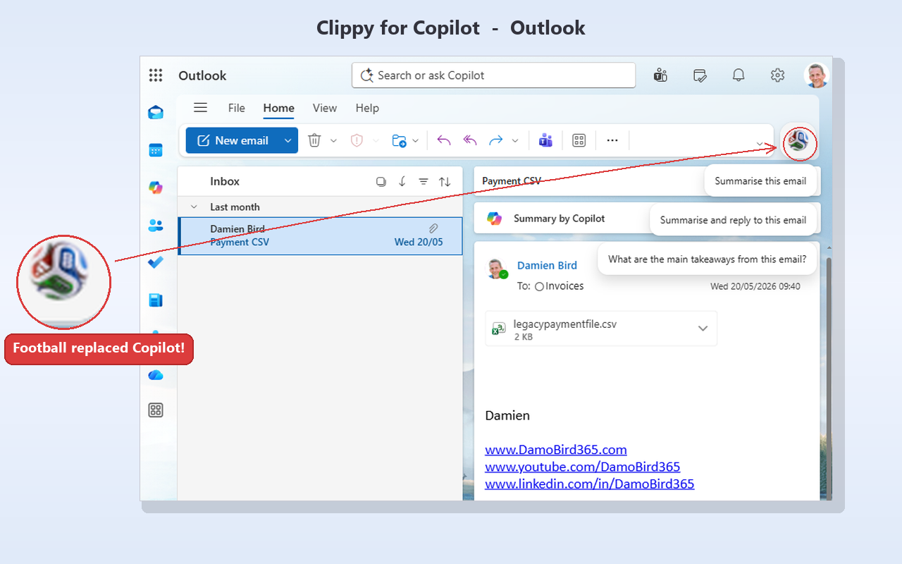 The Football icon replacing Copilot in Outlook