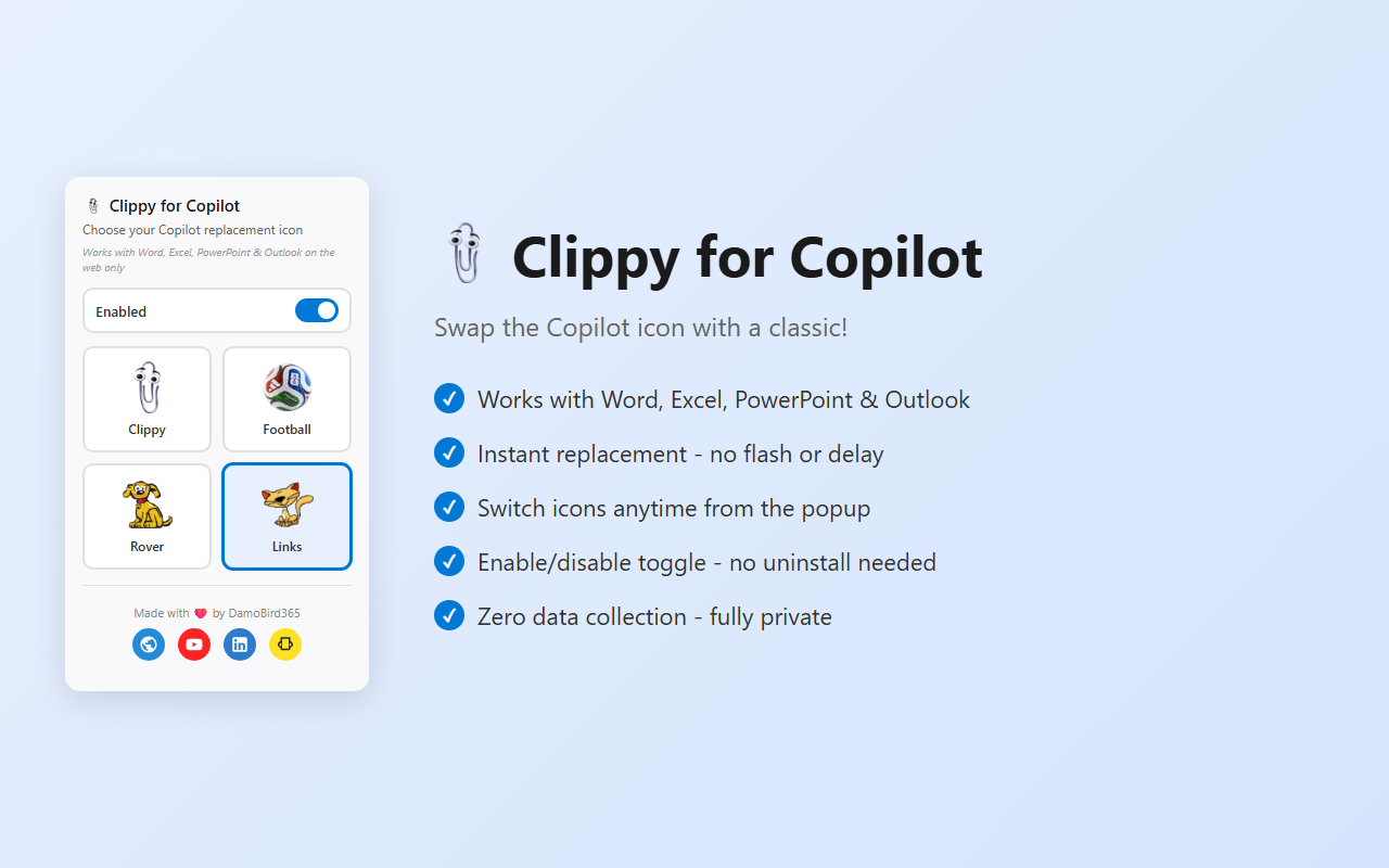 Clippy for Copilot extension overview showing the popup with icon choices and key features