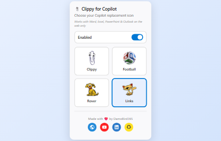 Clippy for Copilot popup showing the icon selection grid and enable toggle