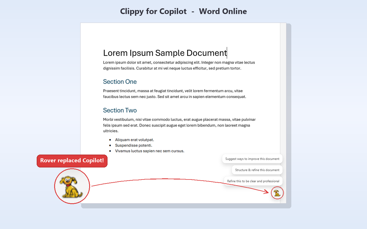 Rover replacing the Copilot icon in Word Online
