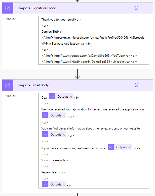 A signature block and main body in HTML