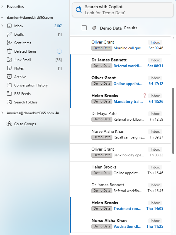 Outlook showing the Demo Data category applied to synthetic emails from different senders across the previous seven days