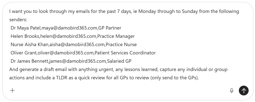 The original Microsoft 365 Copilot prompt identifying the five synthetic senders and requesting urgent items, lessons learned, actions and a TLDR