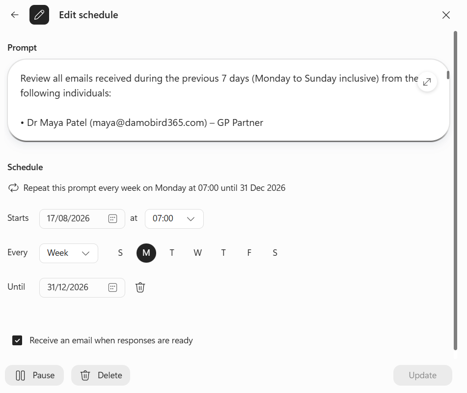 The Copilot schedule configured to repeat every Monday at 7am
