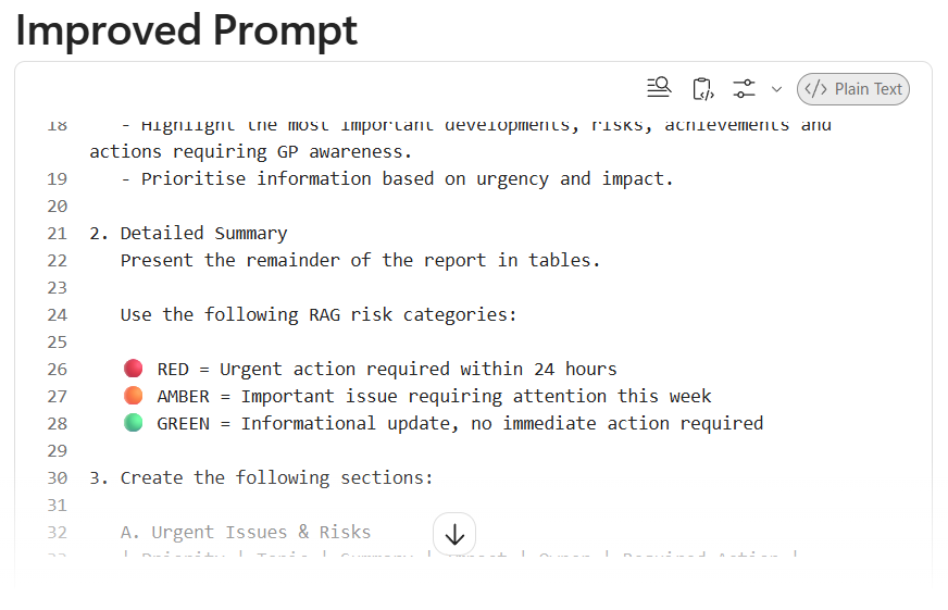 Prompt Coach showing the improved prompt with an executive TLDR and detailed tabulated summary requirements