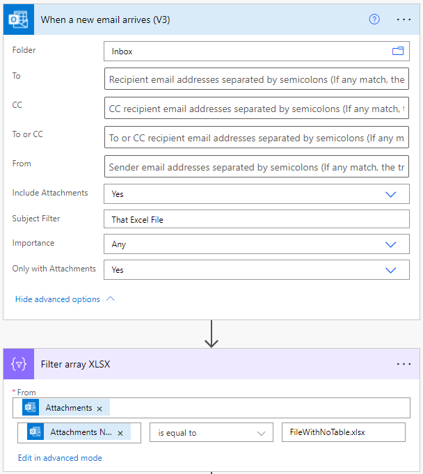 When a new email arives and then filter on attachments