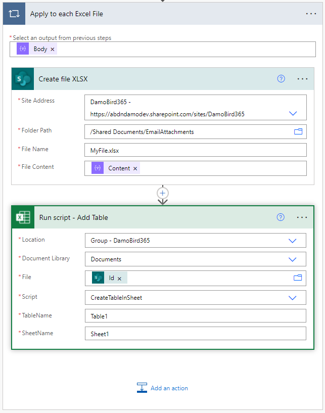 Creating a file and inserting a table with an excel office script