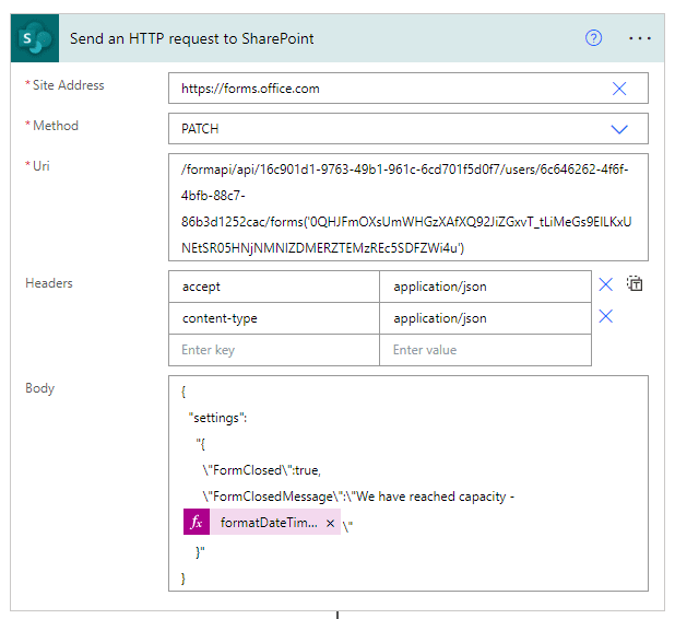 Single action to disable or enable a microsoft form