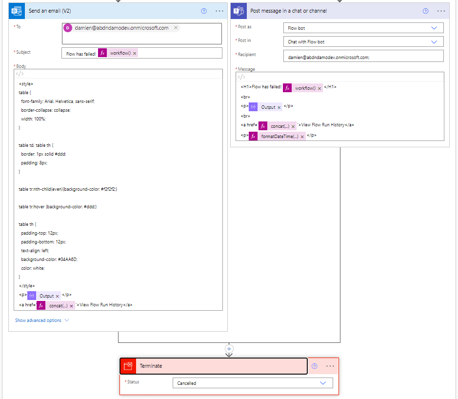 Send an email of Teams Message regarding the flow history