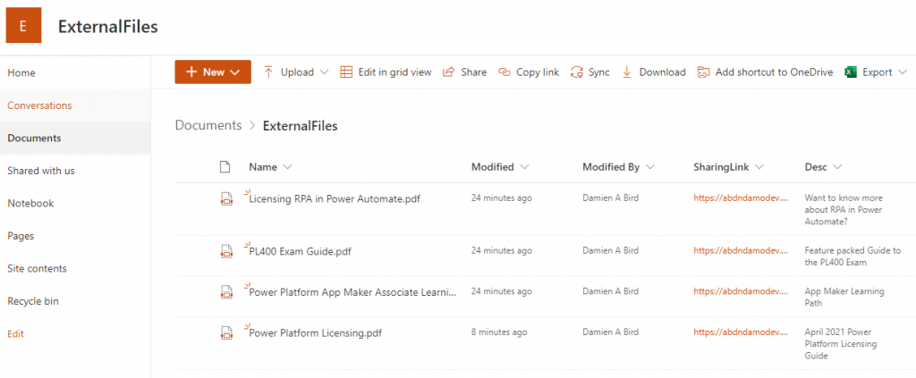 SharePoint Document Library with files set up with a sharing link to anyone with the link