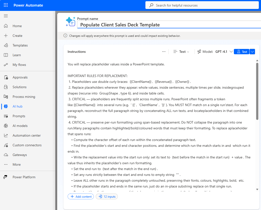 The Power Automate prompt named &lsquo;Populate Client Sales Deck Template&rsquo; showing the plain-English replacement rules and the GPT-4.1 model selection