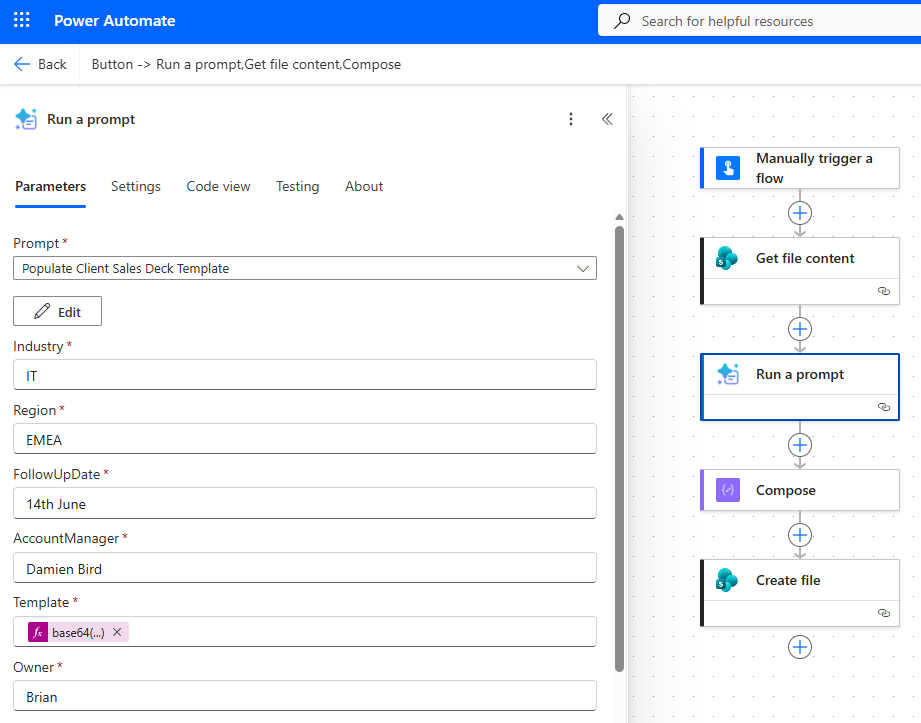 The Power Automate flow showing Manually trigger a flow, Get file content, Run a prompt with the input fields, Compose, and Create file