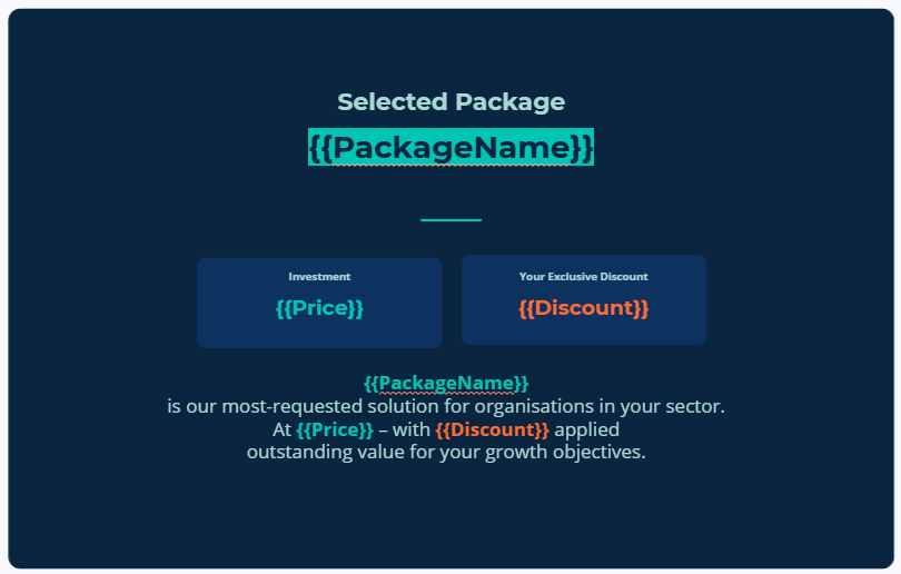 A PowerPoint slide showing branded placeholders including a highlighted {{PackageName}}, and {{Price}} and {{Discount}} in coloured text within a sentence