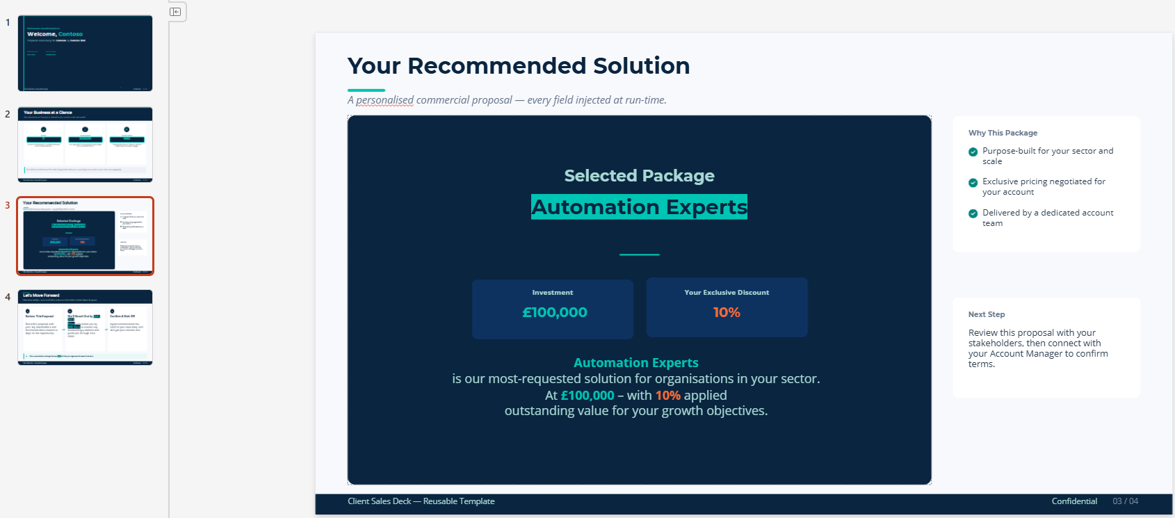 The finished, populated slide showing &lsquo;Automation Experts&rsquo; highlighted in teal, £100,000 in blue, and 10% in orange, all formatting preserved