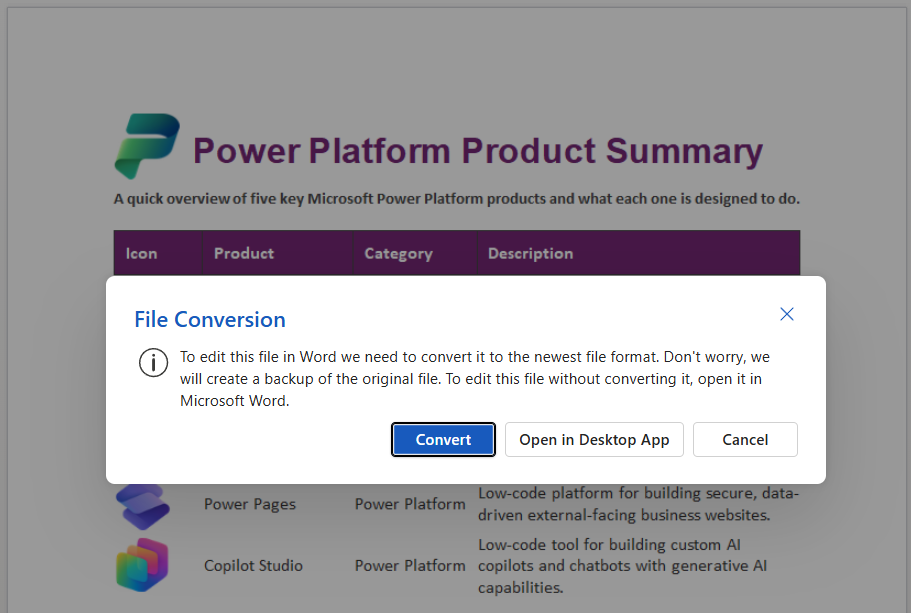 The Word document opened in the browser showing the File Conversion prompt
