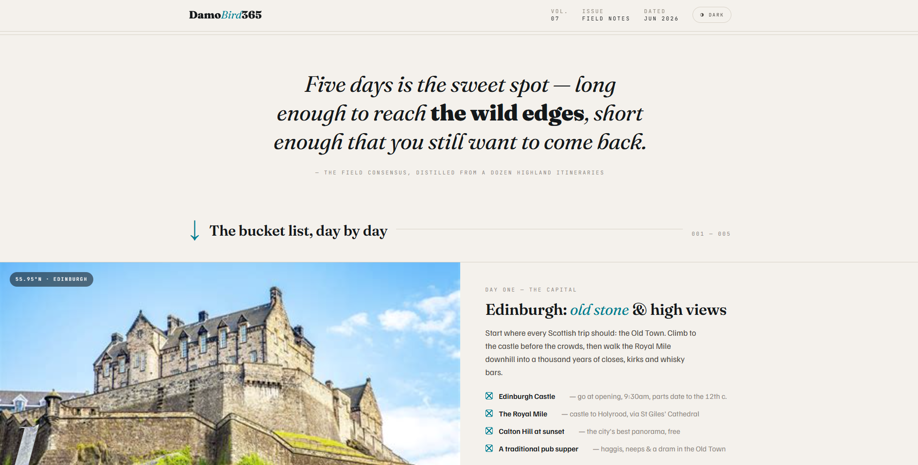 The rendered Scotland 5-day bucket list HTML page with DamoBird365 branding, Edinburgh Castle imagery, and a day-by-day itinerary