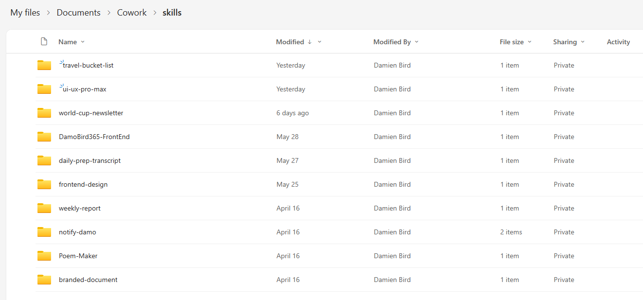 OneDrive Cowork skills folder showing custom skills like travel-bucket-list, world-cup-newsletter, DamoBird365-FrontEnd, and more