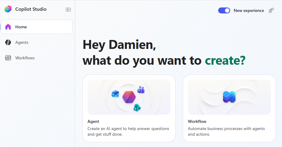 The new Copilot Studio experience with a simplified sidebar showing Home, Agents, and Workflows, plus options to create an Agent or Workflow