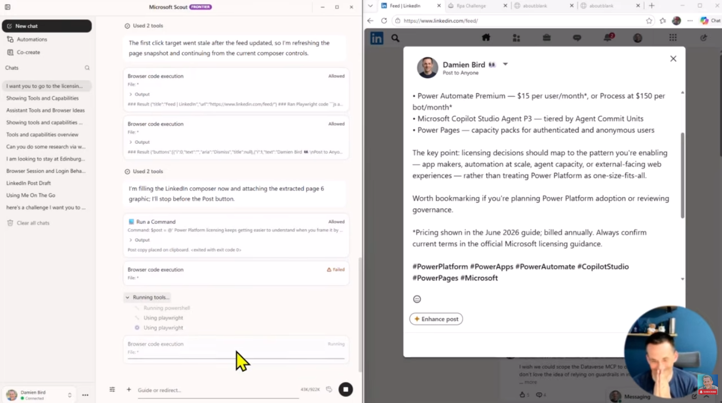Scout using Playwright browser automation to compose a LinkedIn post with extracted licensing guide content, with the LinkedIn composer open and ready to post