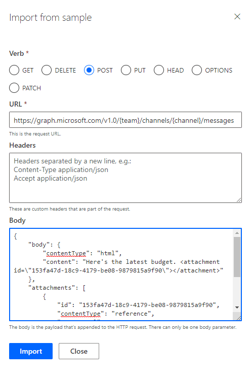 Importing sample body for custom connector