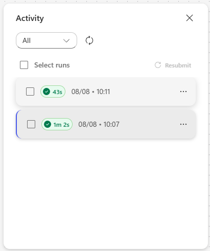 The Copilot Studio activity pane showing the two successful workflow runs