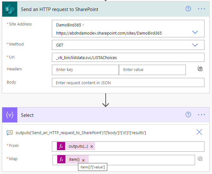Get choices via HTTP Request Action and repurpose via Select Action