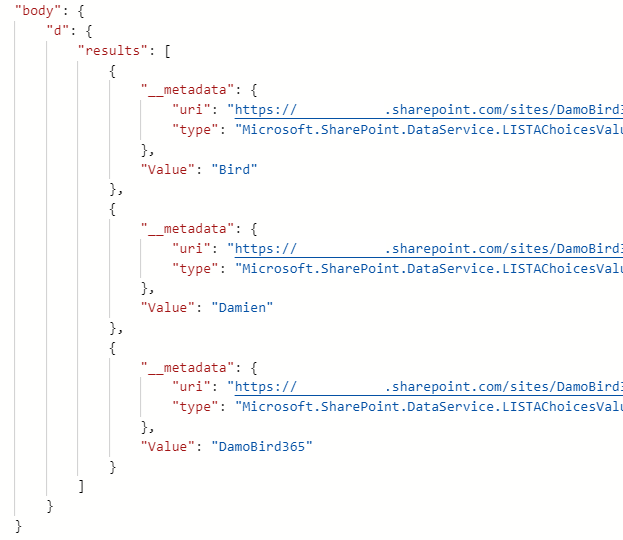 Response to SharePoint API call. JSON Object with Values for Choices Column.