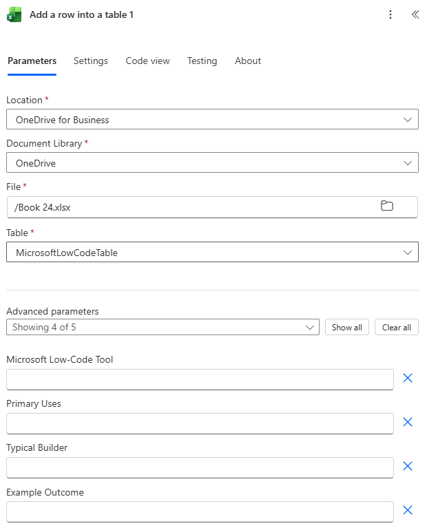 The standard Add a row into a table action showing individual Excel column inputs