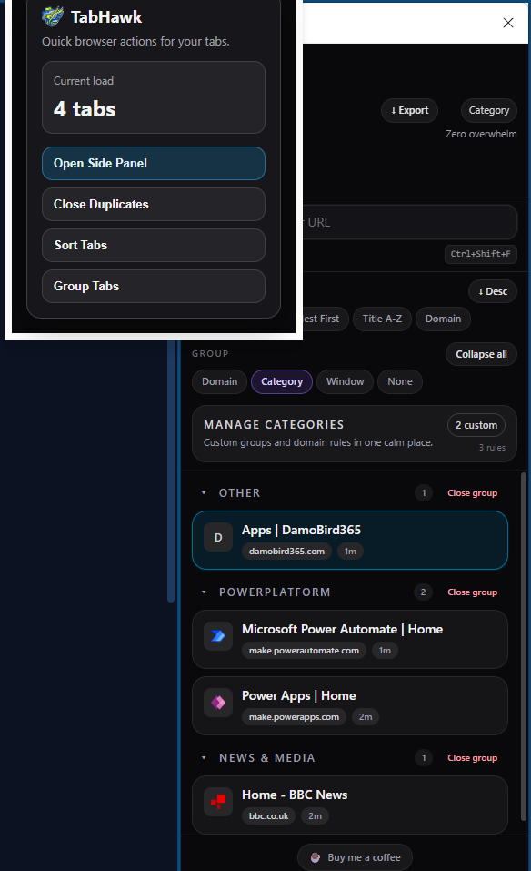 TabHawk popup and side panel showing tab management features