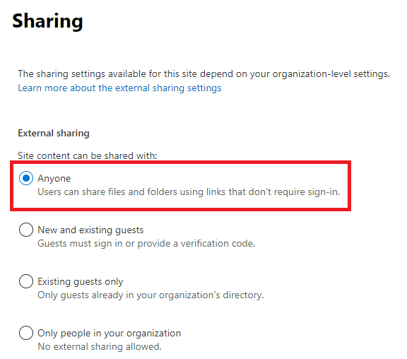 SharePoint External Sharing options
