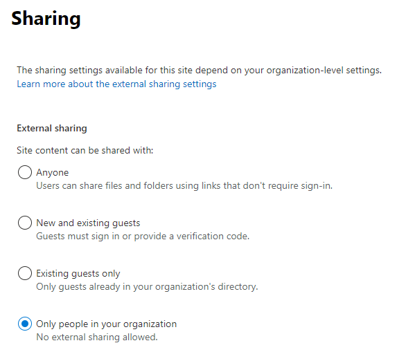 External sharing settings is limited to people in your organisation