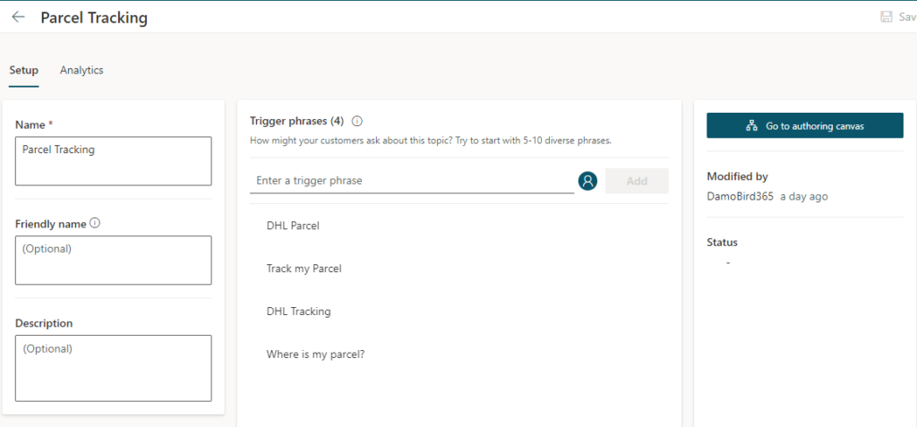 Parcel Tracking Bot Topic and Trigger Phrases